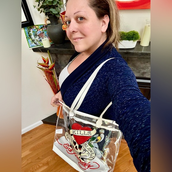 NWT Ed Hardy BIG clear stadium bag PVC Zip tote Leather Trim ~ Love Kills Slowly - Picture 7 of 16
